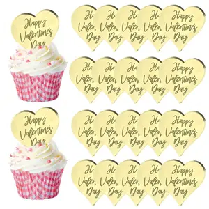 Happy Valentine's Day Toppers - 5pcs Heart Cake Discs & Picks, Mirror Acrylic Charm Decoration, Wedding Cake Topper