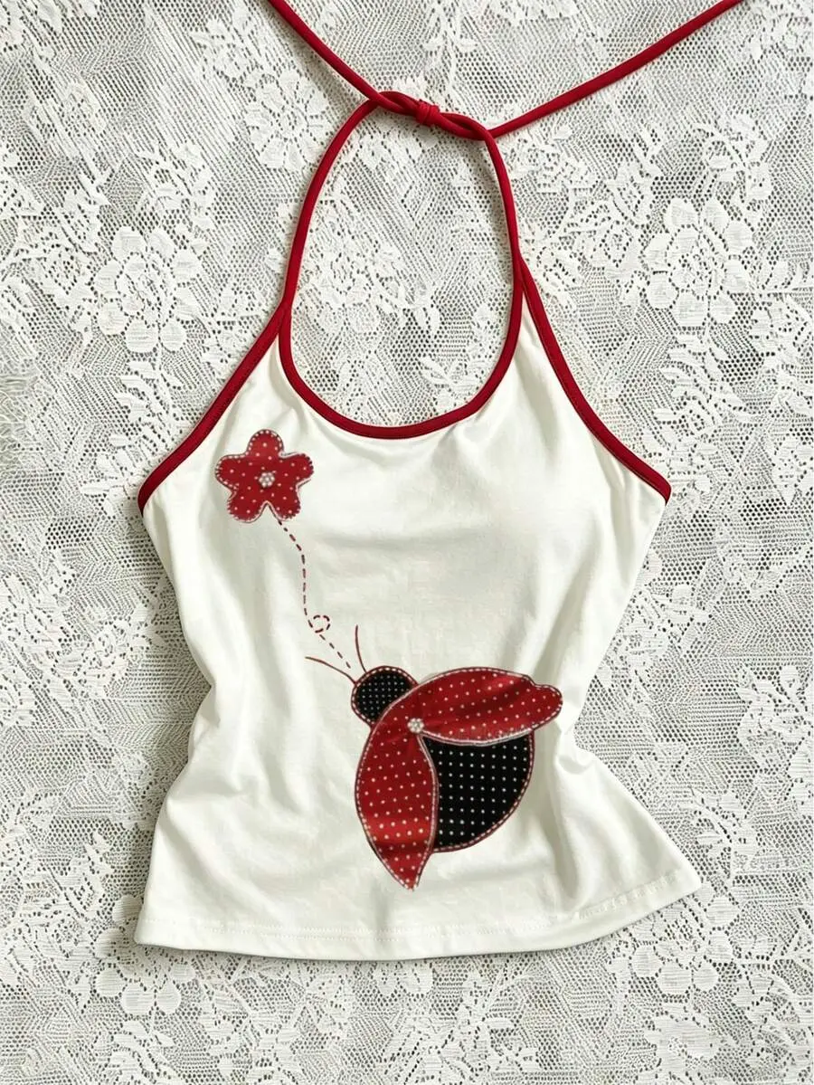 Women's Summer Halter Neck Top Cute Ladybug Flower Graphic Print Contrast Binding Slim Fit Camisole Backless Sleeveless Y2K Trendy Tank Tops