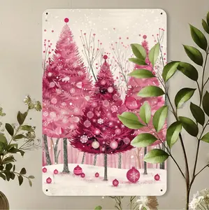 Festive Whimsical Pink Christmas Trees Metal Sign for Indoor and Outdoor Holiday Decor Perfect for Home Cafe Bar and Garage
