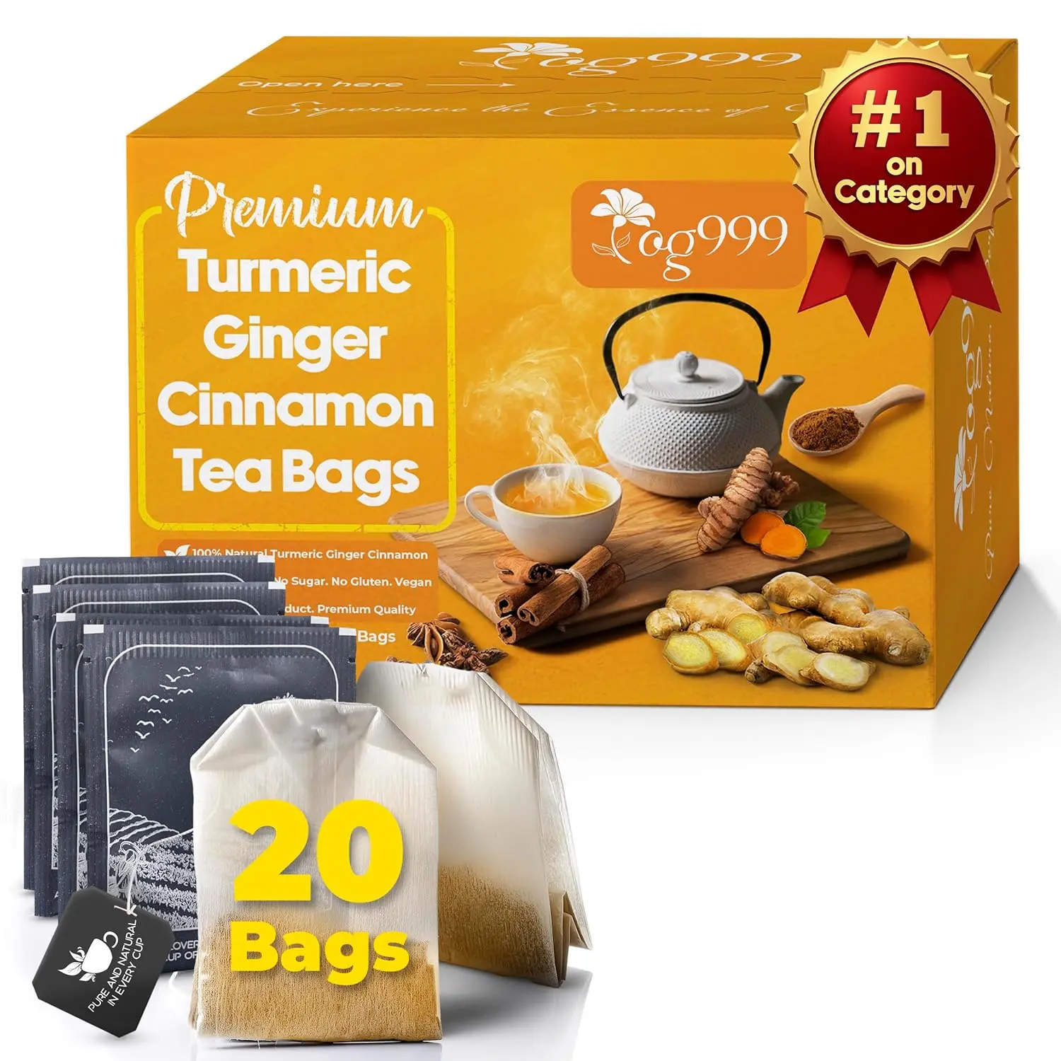 TOG999 Premium Turmeric Ginger Cinnamon Herbal Tea, 20 Natural Tea Bags, Caffeine-Free, Sugar-Free, Gluten-Free, Vegan, Handcrafted Herbal Blend