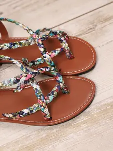 Women's Ethnic Print Woven Sandals, Bohemian Style Flat Strap Shoes, Above Ankle Comfortable Footwear, Perfect for Casual Wear