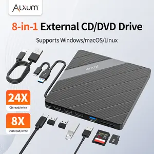 【TikTokShopStockUp】Alxum  8-in-1 External CD/DVD Drive for Laptop USB 3.0 High-Speed 24X CD 8X DVD Supports Windows MacOS Linux Plug and Play 5Gbps Transfer