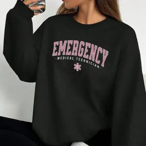 [Made in USA] Emergency Medical Technician Sweatshirt, EMT Varsity Letter Print Crewneck Pullover, Minimalist First Responder Medical Graphic Oversized Sweatshirt, Trendy EMS Outfit, EMS Week Gift For EMT Women Men.