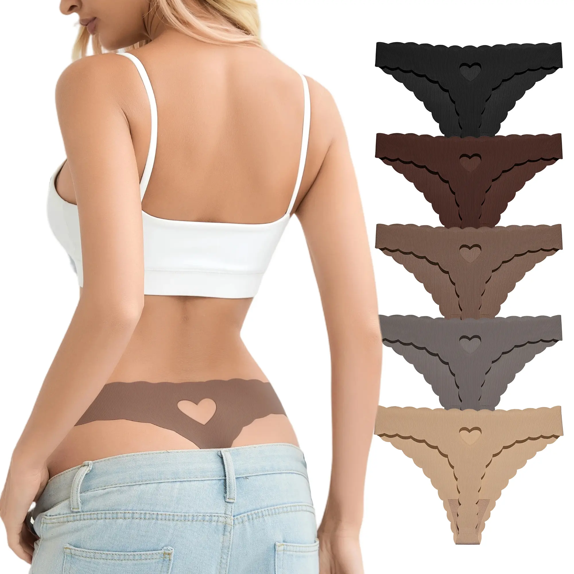 5 Pack Women's Cute Heart Detail Thong Panties, Soft Stretch Seamless Underwear with Cloud Edge Trim, Lightweight Breathable Low Rise Thongs for Everyday Wear