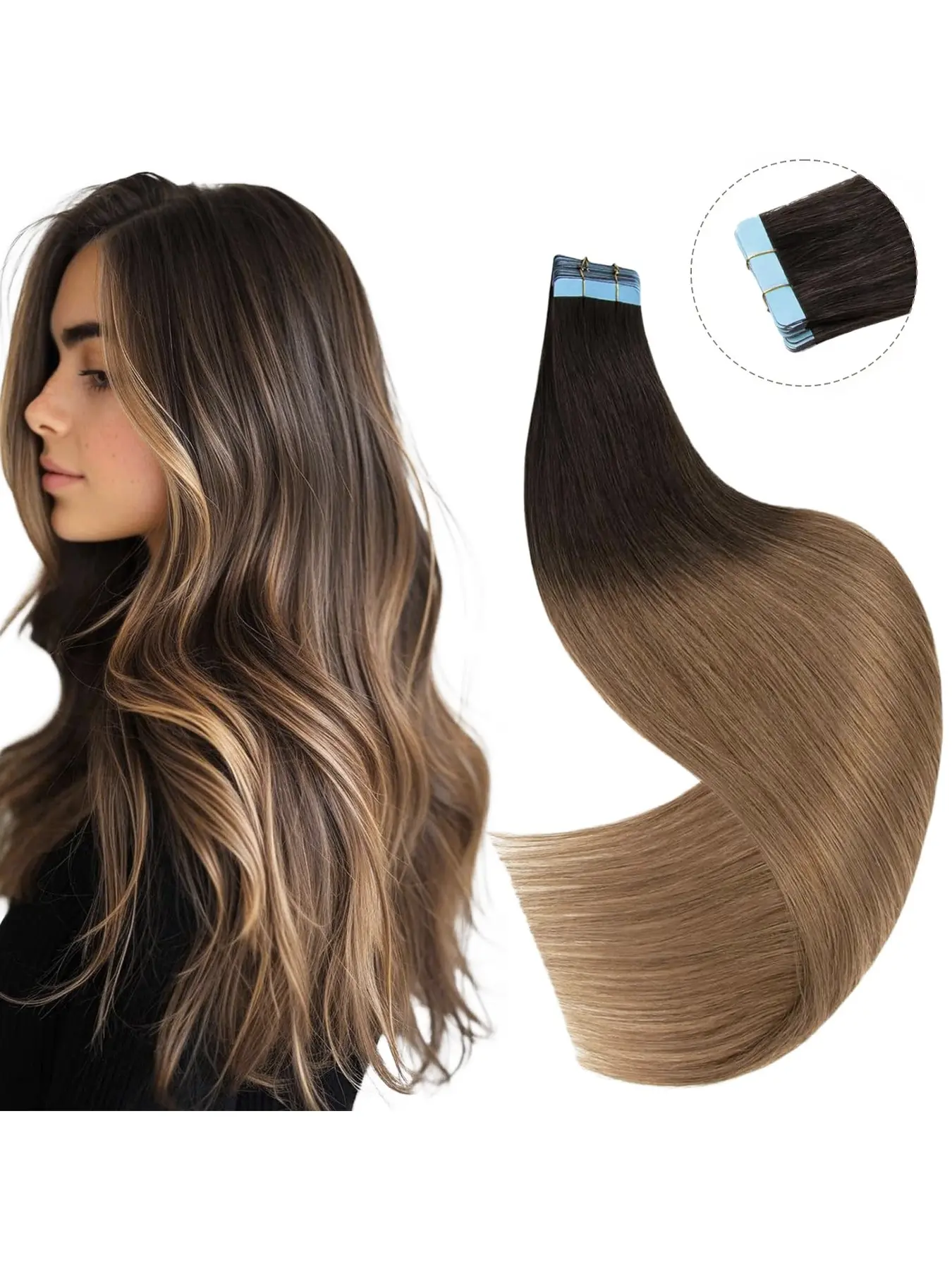 【TIMIA｜Mothers Day Gift】Tape in Hair Extensions Straight Natural gradient brown Balayage Ombre Soft Human Hair Extensions 20 Inches 25g/10pcs T2/5# T3-9.1#