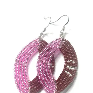 Alili Bold Accessories Handmade Seed Beaded Pink and Brown Football Dangle Earrings - Cancer Awareness, Chic Style Female Earrings for Women