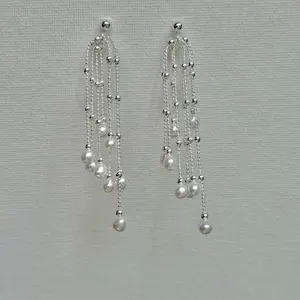 Pearl Waterfall Earrings Long Tassel Drop Studs Multi Strand Freshwater Pearl Dangles earring By Jinger Crafting