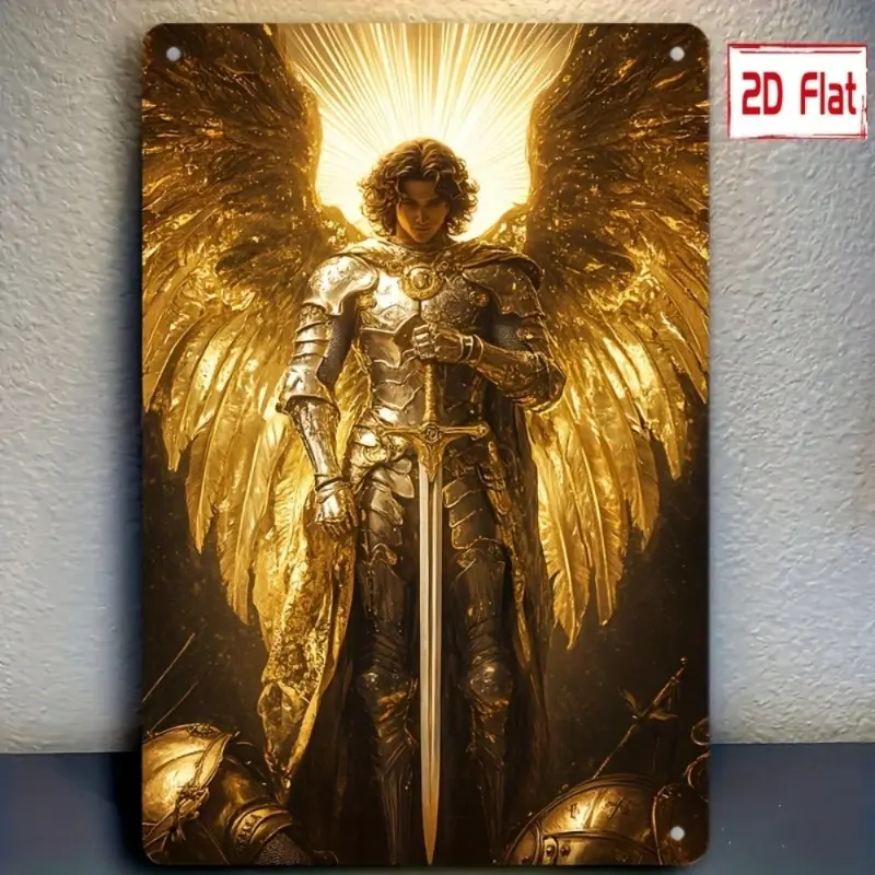 Vintage Aluminum Archangel Michael Wall Art Decor Hanging with Golden Background and Pre Drilled Holes for Home Office Church Artistic