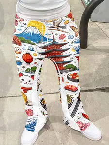 Men's Vintage Loose American Style Geometric Print Flared Pants, Drawstring Wide Leg Jeans, Streetwear Casual Long Trousers for All Seasons