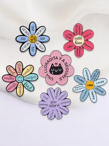 6-Piece Motivational Quotes Flower Design Alloy Brooch, Cute Cartoon Flower & Spanish Letter Design Jewelry Fashion Brooch for Party, Jeans, Scarves, Hats Decoration, Trendy All-match & Exquisite Brooch for Birthday Gift