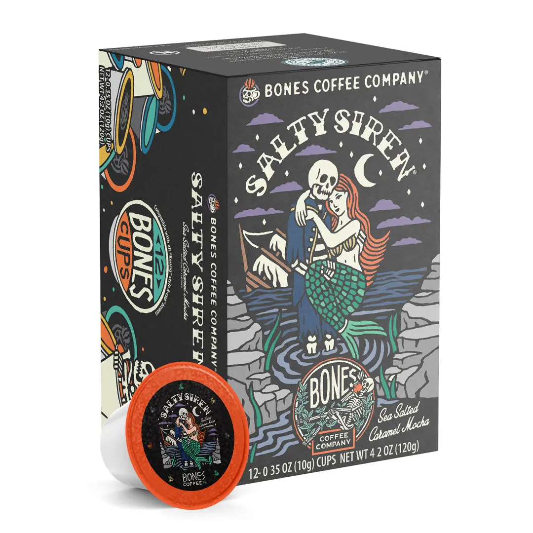 Bones Coffee Company | Salty Siren Sea Salted Caramel Mocha Coffee Pods 12 Count Medium Roast Keurig Compatible Bones Coffee Company | Salty Siren Sea Salted Caramel Mocha Coffee Pods 12 Count Medium Roast Keurig Compatible