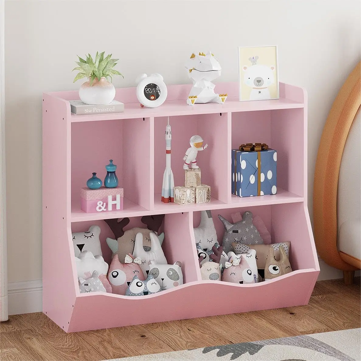 Toy Organizers and Storage - 5-Cube Bookshelf and Toy Storage Cabinet for Toddlers, 2-Tier Book Shelf for Playroom, Bedroom, Living Room pink
