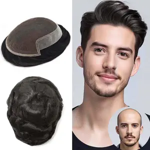 Mens Hairpiece French Lace Front Mens Toupee Real Human Hair System for Men Poly Skin Pu Hair Replacement System Wig