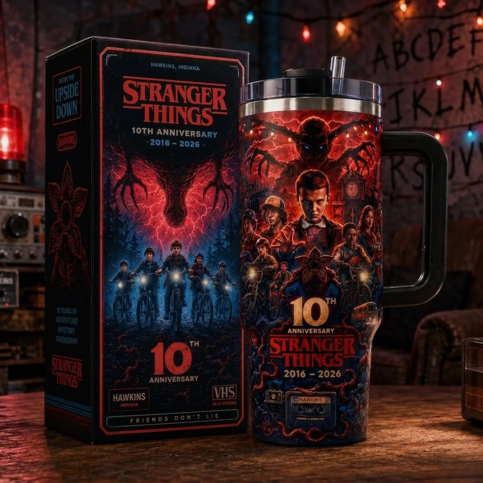 Stranger Things Inspired Tumbler with Handle and Straw, Upside Down Horror Graphic Travel Cup, Retro 80s TV Series Drinkware, Insulated Stainless Steel Mug, Spooky Fan Gift for Men Women and Teens