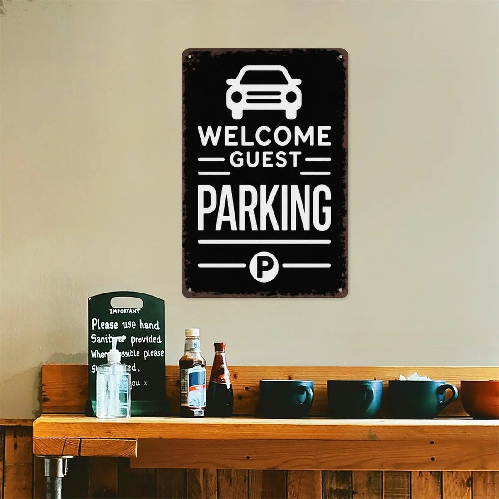 Vintage Metal Welcome Guest Parking Sign - 8x12 in Retro Tin Wall Decor, Mountable Driveway/Garage Plaque Gift for House Owners, Mount, Decorative