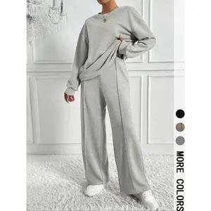 Women's Solid Color Drop Shoulder Sweatshirt & Elastic Waist Pants Two-piece Set, Casual Fashion Cozy Breathable Two Piece Outfits for Daily Outdoor Wear, Women Clothes for Spring & Fall??gift?? Everyday Long Sleeves