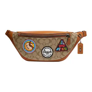 COACH Warren 40 Embroidered Classic Monogram Multi-Pocket Zip Crossbody Waist Bag – Large, Men’s, Khaki and Brown