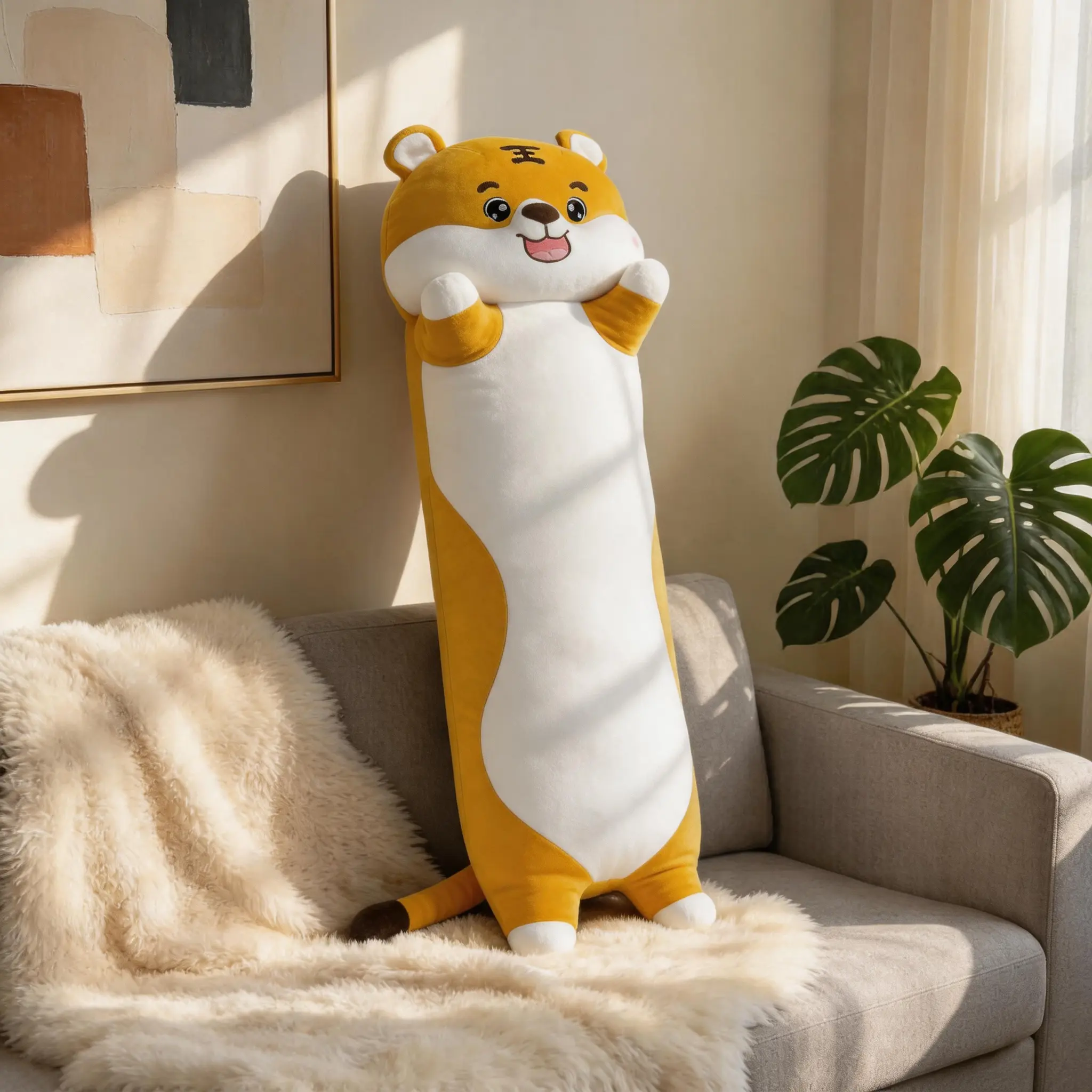 Soft long tiger hugging sleep pillow — soothing companion plush figurine, bedroom sofa cushion decor