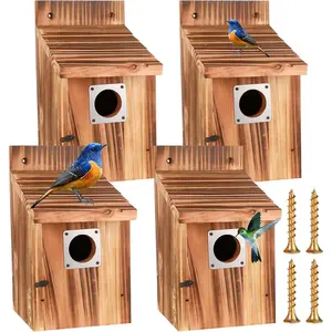 4- Outdoor Bird House Set, Bird Houses for Outside with Metal Guards, Safety Locks, Flight Slots, & Ventilation, Bluebird Houses with 1-1/2" Entrance for Bluebirds, Wrens, Finches