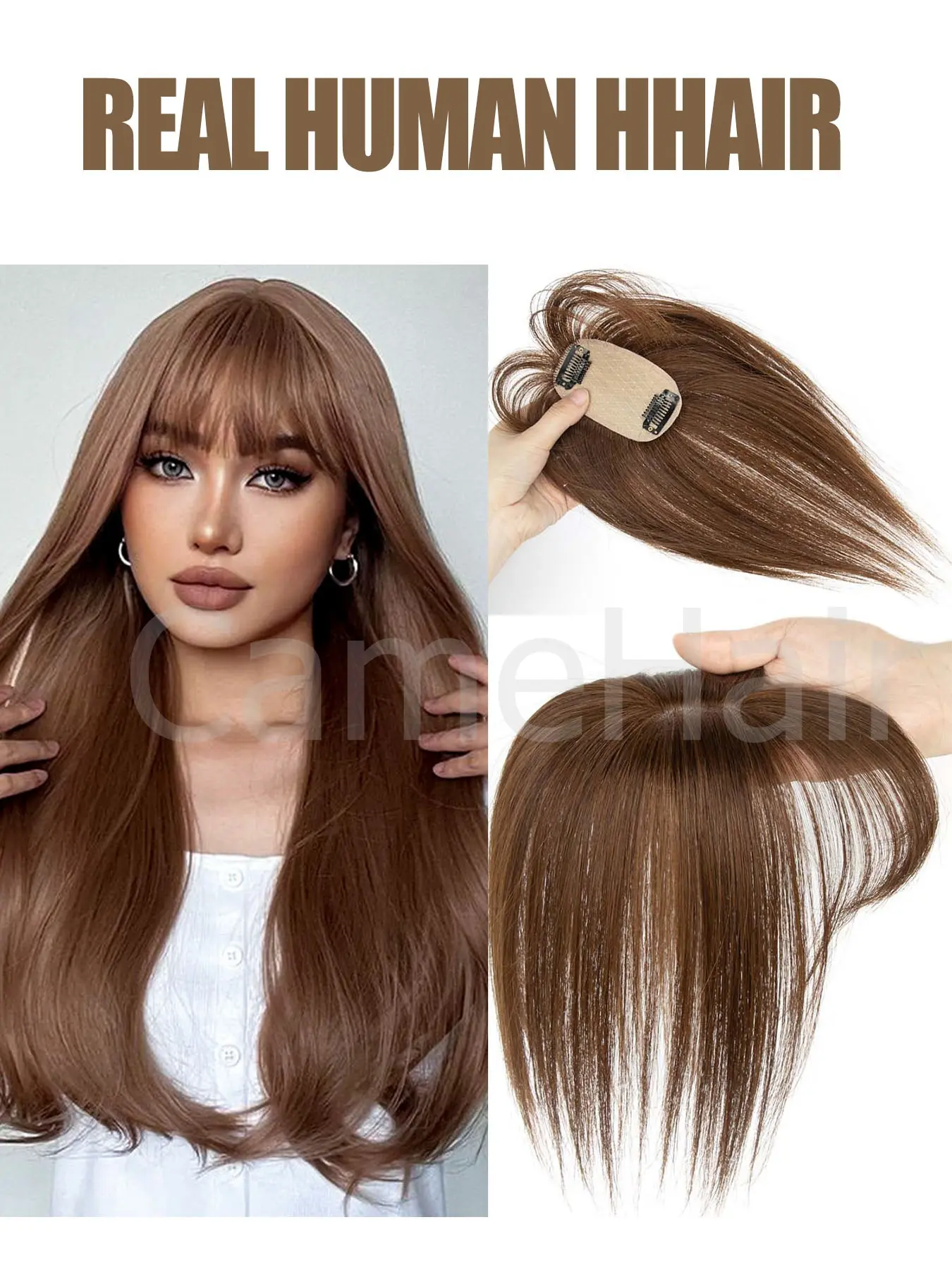 Hair Toppers for Women Real Human Hair, Glueless Human Wigs, Clip in Bangs Wig With Bangs Natural Skin Scalp Thinning or Loss Top Pieces 360° 3D Topper Updated Base With ThinningHair Cover Gray Roots Add Volume Brown Blonde, Hair Replacement Wigs