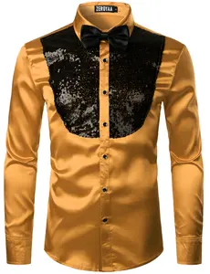 ZEROYAA Men's Shiny Sequins Design Silk Like Satin Button Up Disco Party Dress Shirts