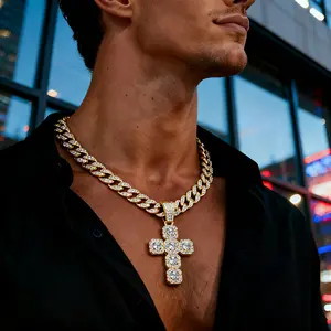 Hot-Selling Street  Rock Candy Hip-Hop Inlaid Diamond Cross Full Diamond Pendant Collarbone Cuban Necklace