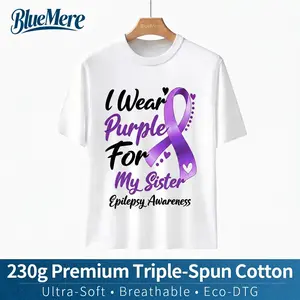BlueMere "I Wear Purple For My Sister" Premium 230g Cotton Tee Ultra-Soft DTG Print Epilepsy Awareness Shirt Breathable Purple Ribbon Top Eco-Friendly Fit Womenswear