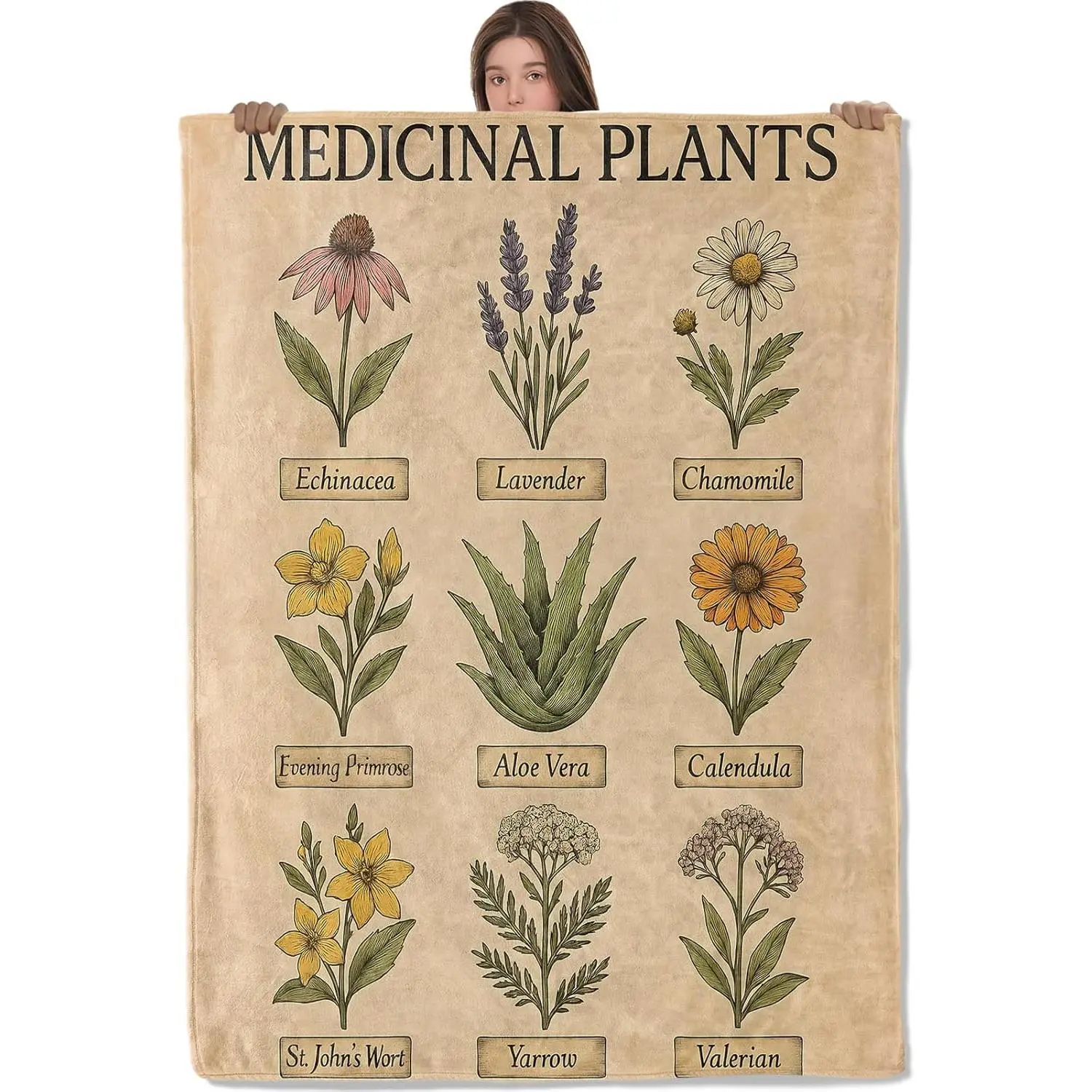 Medicinal Plants Blanket, Comfy & Warm Flannel Vintage Botanical Herb Throw Blanket for Couch, Gifts for Adults Kids, Soft Fuzzy Lightweight Travel Bed Educational Blankets for Decor 50"×60"