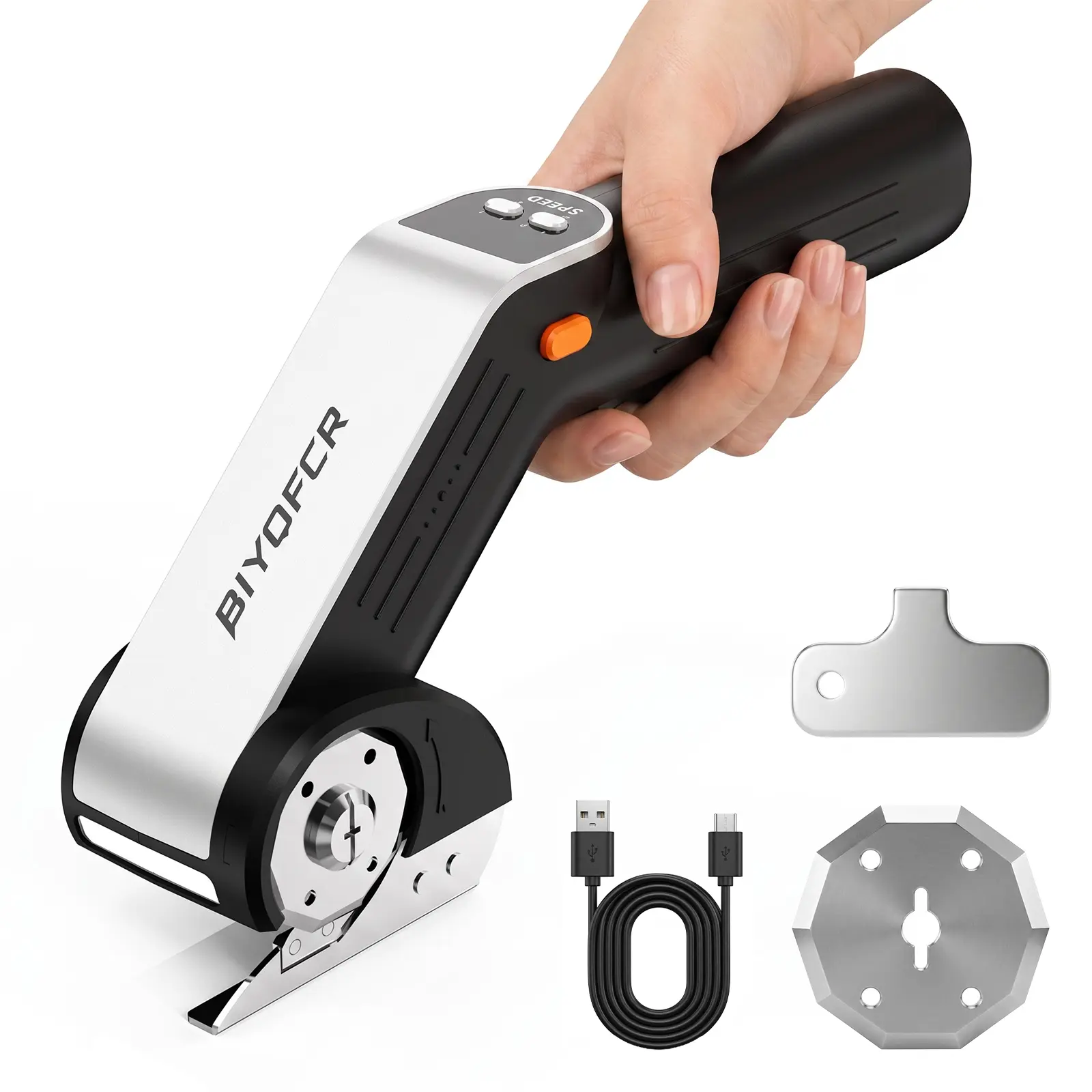 Cordless Electric Scissors, 700 RPM Rechargeable Rotary Cutter for Fabric, Leather, Carpet & Cardboard, 4-Speed Cutting, Digital Display, LED Light, USB-C