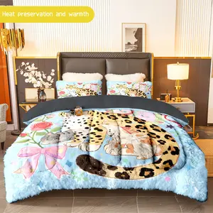 3pcs (1 comforter + 2 pillowcases) Cheetah - themed Flannel & Milk Velvet Comforter Set, Soft and Cozy Bedding Set for Adults, Warm and Trendy Bedding Essentials