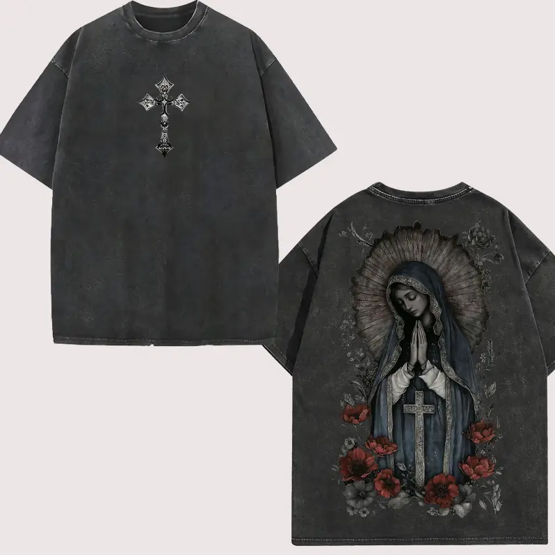 valentine shirts Virgin Mary Graphic T-Shirt, Washed Black Heavy Cotton, Gothic Streetwear