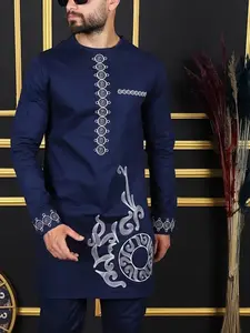 Mature Men's Luxurious Set Long Shirt + Pants Suit, Wedding Banquet Business Commute Ethnic Style, Loose-Fitting Plain Pattern