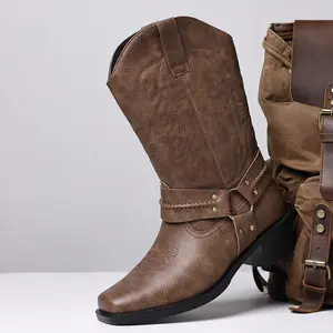 Men’s Western Cowboy Boots – Vintage Brown Buckle Work Boots, Square Toe Mid-Calf Knight Boots, Vintage Casual Work Boots, suitable for everyday and outdoor wear