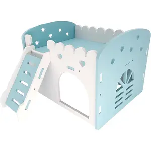 Small Animal Bunkbed House Hideout Detachable Habitat Hut Exercise Playground for Chinchilla Rat Hamster Hedgehog (Medium, Blue)