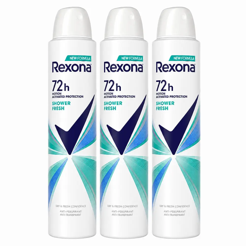 Pack of 3 - Rexona Shower Fresh Antiperspirant Body Spray 200ml – 72 Hour Motion Activated Freshness