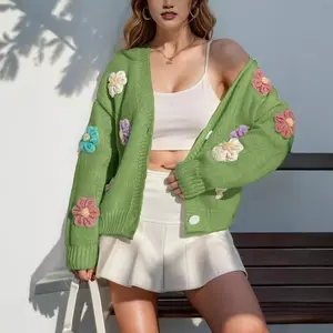 Floral Pattern Button Knitted Cardigan - Cute Loose Long Sleeve Sweater