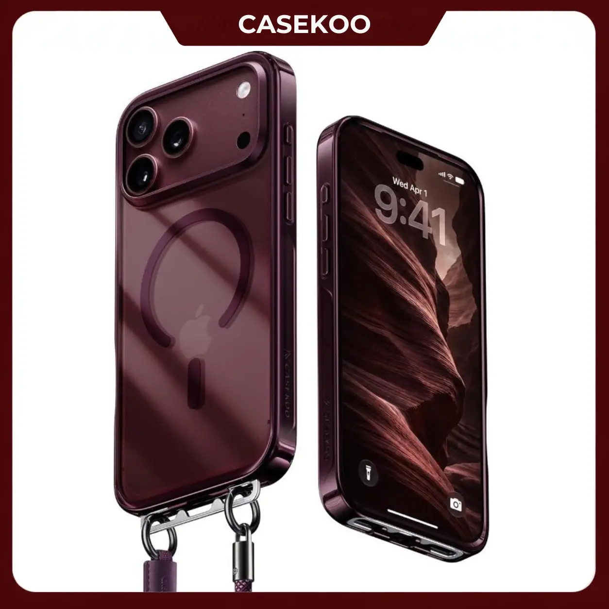 CASEKOO Official Linkoo Case Color-Matched Burgundy/Glacier MagSafe Case iPhone 18/17/16 Pro/Pro Max with Wrist Strap Glossy Premium, Camera Lens & Raised-Edge Screen Protection, Never Yellow Clear Back,Patented ClipSafe: Built-in Foldable Hidden Tab,fall