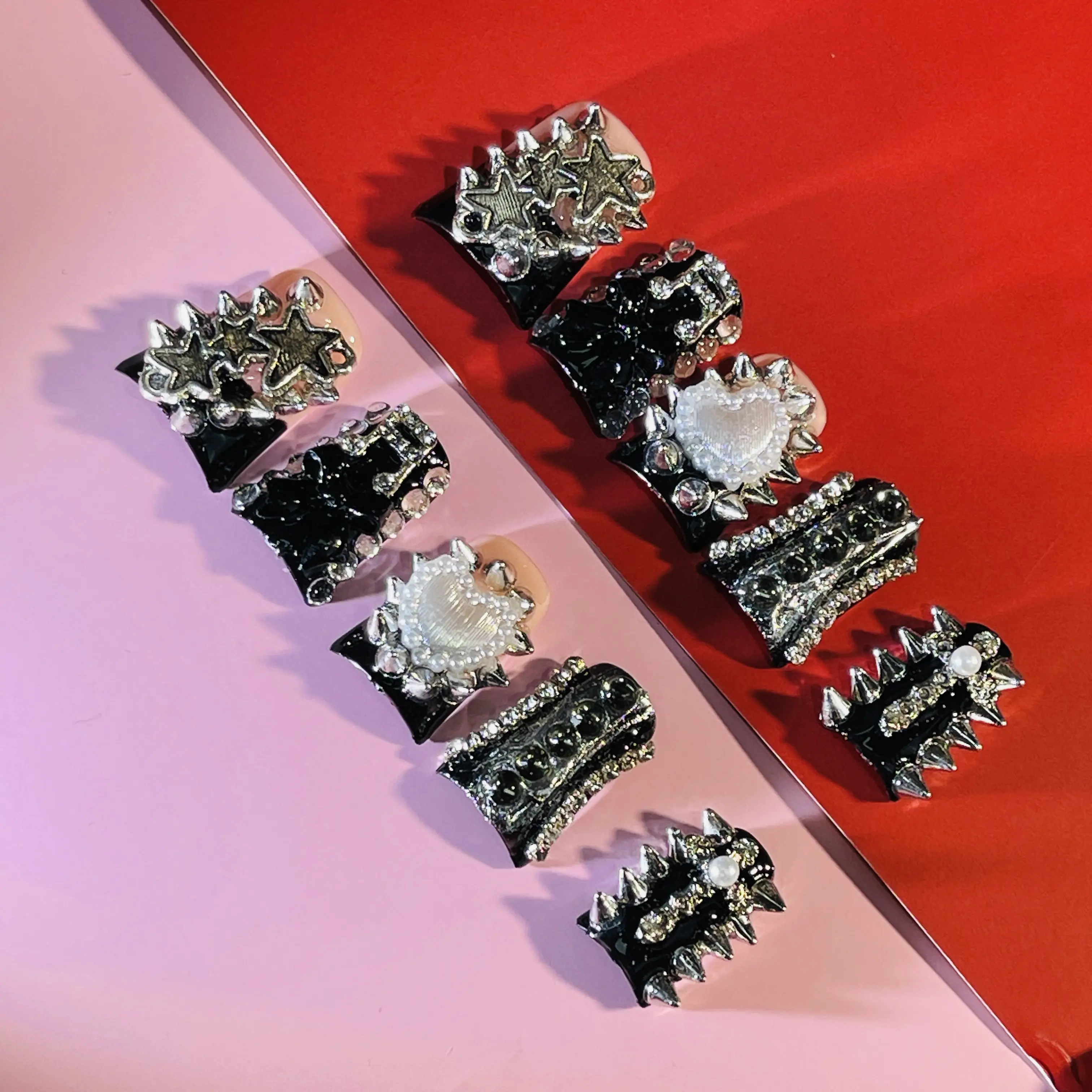 DiDazzle 10 PCS Handmade Press-on Nails Set - Acrylic Duckbill Nails with Spike-HeartGlam Spikes, Rhinestone Accents & Crystal Clusters Glossy Finish