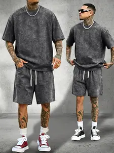 Men's Summer Lightweight Cotton Two-Piece Set: Vintage-Style "Snow-Wash" Distressed Short-Sleeve T-Shirt and Elastic-Waist Drawstring Pants with Pockets—Ideal for Casual Wear Sports Vacations Fishing Camping Outdoor Activities Clothes Menswear Top Suits
