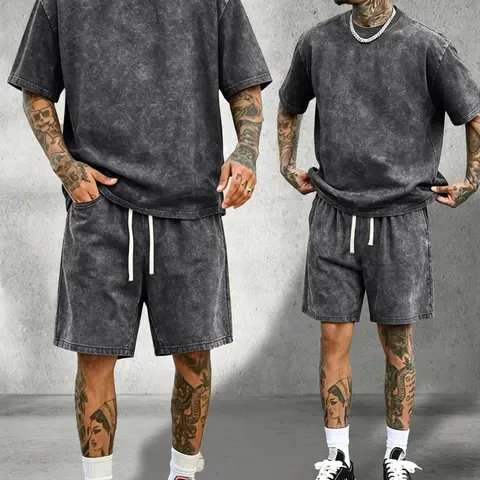 Men's Classic 2-Piece Soft Stretch Cotton Loungewear Set - Vintage Acid-Wash Distressed Crewneck Short-Sleeve T-Shirt Elastic-Waist Drawstring Wrinkle-Resistant Pockets shorts Ideal for Casual Sports Camping Summer Outfits Clothes Menswear Outdoor Suits R