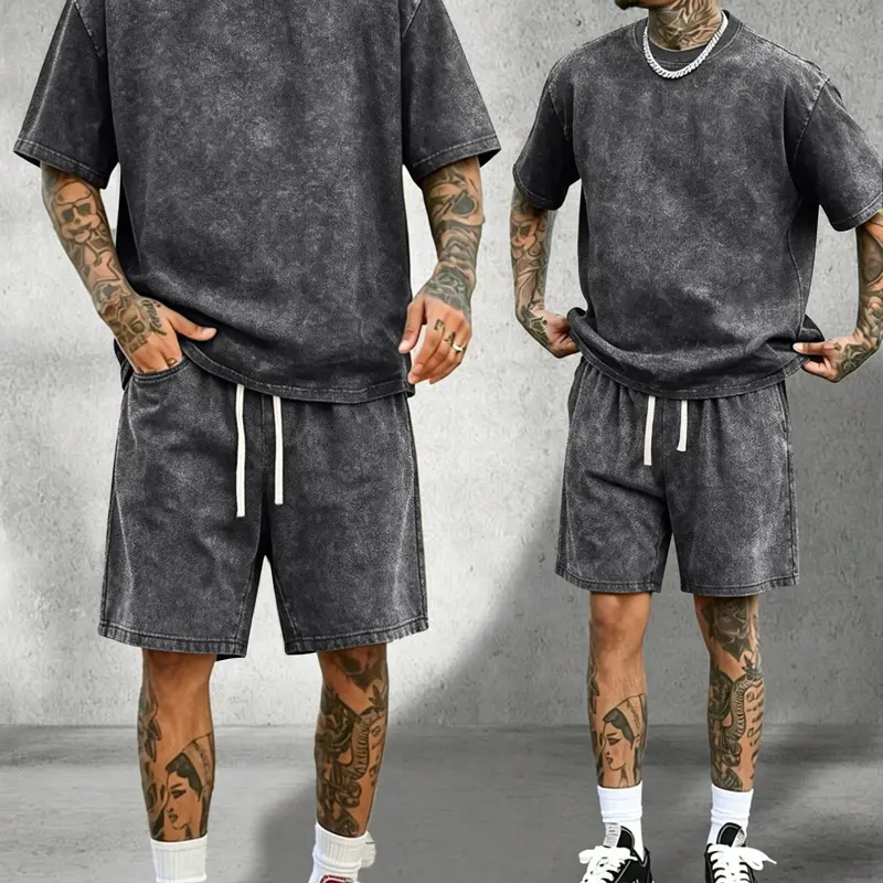 Men's Classic 2-Piece Soft Stretch Cotton Loungewear Set - Vintage Acid-Wash Distressed Crewneck Short-Sleeve T-Shirt Elastic-Waist Drawstring Wrinkle-Resistant Pockets shorts Ideal for Casual Sports Camping Summer Outfits Clothes Menswear Outdoor Suits R