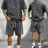 Men's Classic 2-Piece Soft Stretch Cotton Loungewear Set - Vintage Acid-Wash Distressed Crewneck Short-Sleeve T-Shirt Elastic-Waist Drawstring Wrinkle-Resistant Pockets shorts Ideal for Casual Sports Camping Summer Outfits Clothes Menswear Outdoor Suits R