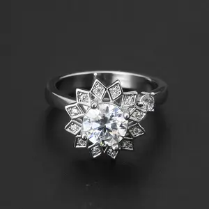 Rotatable Sunflower Moissanite Halo Ring for Women 1CT 6.5MM D VVS1 Adjustable Band 18K Gold Plated Hypoallergenic Stackable Wedding Engagement Anniversary Gift Fine Jewelry