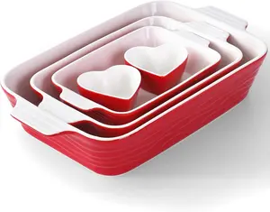 RUYOLIKS Baking Dish for Oven Ceramic Lasagna Pan 9×12.8 Inch Casserole Dishes Bakeware Set With Ramekin Large Deep Baking Dishes Rectangular Non-Stick Baking Pans for Kitchen Baking and Roasting Red