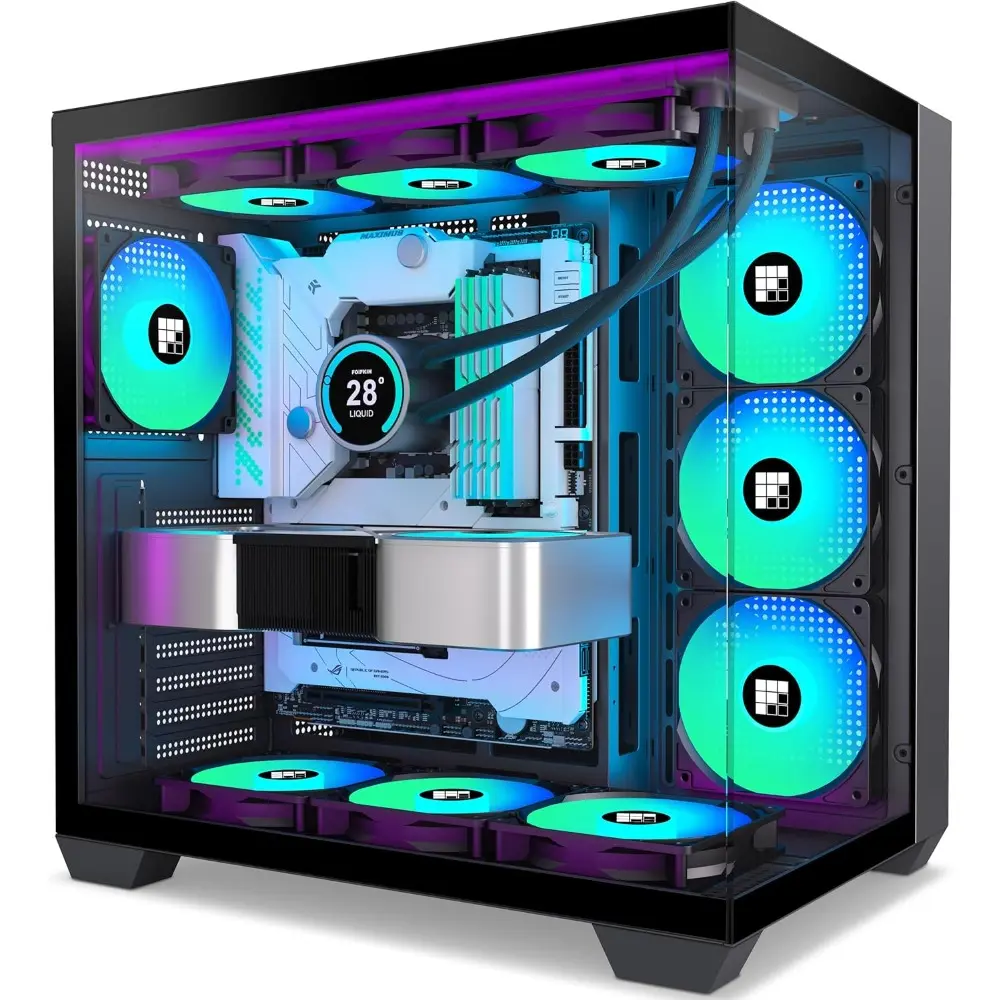 F600 Mid-Tower Gaming PC Case - Black, 7x 120mm ARGB PWM Fans Pre-Installed, 270° Panoramic Tempered Glass, Transparent Dual-Chamber Design, Type-C Port, Cable Management Support, ITX/Micro ATX Compatible, 420*285*430mm