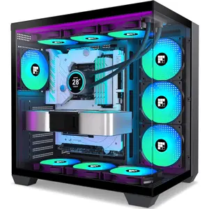 F600 PC Case-Pre-Installed 7 PWM ARGB Fan, ATX Mid-Tower Gaming PC Case, 270° Panoramic Glass with Type-C (Black, F600)