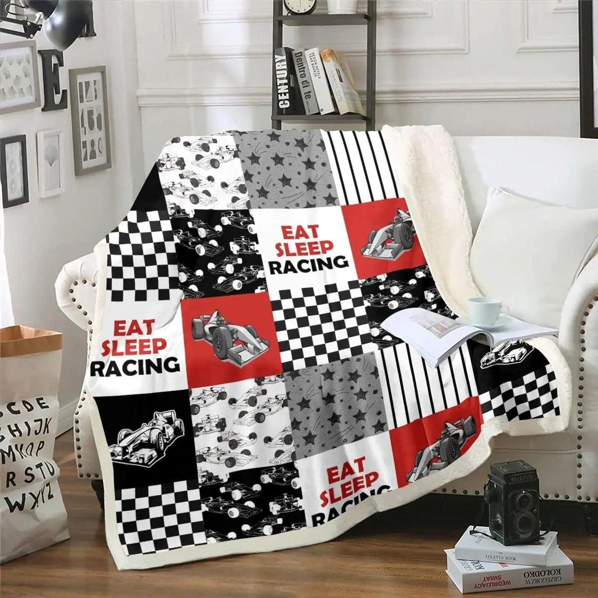 Race Car Fuzzy Blanket Racing Vehicle Speed Games Throw Blanket Extreme Sports Fleece Blanket Men Racer,Racing Checkered Patchwork Theme Flannel Blanket Baby,Red Black White