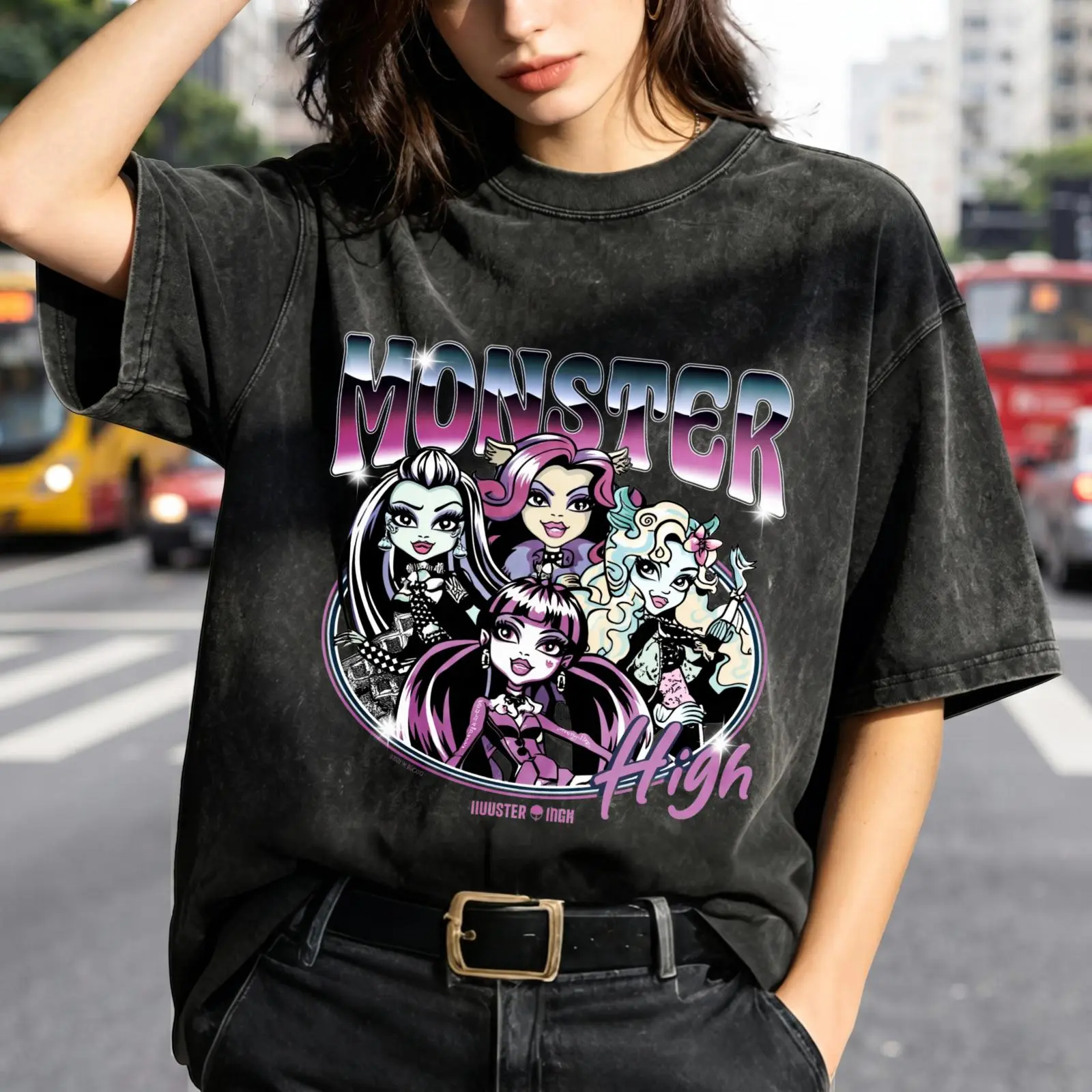 Women's Monster High Character Vintage Washed Round Neck T-Shirt - Baggy, Loose, Breathable Oversized Short Sleeve Graphic Tee for Outdoor Casual Day Wear (A-4)