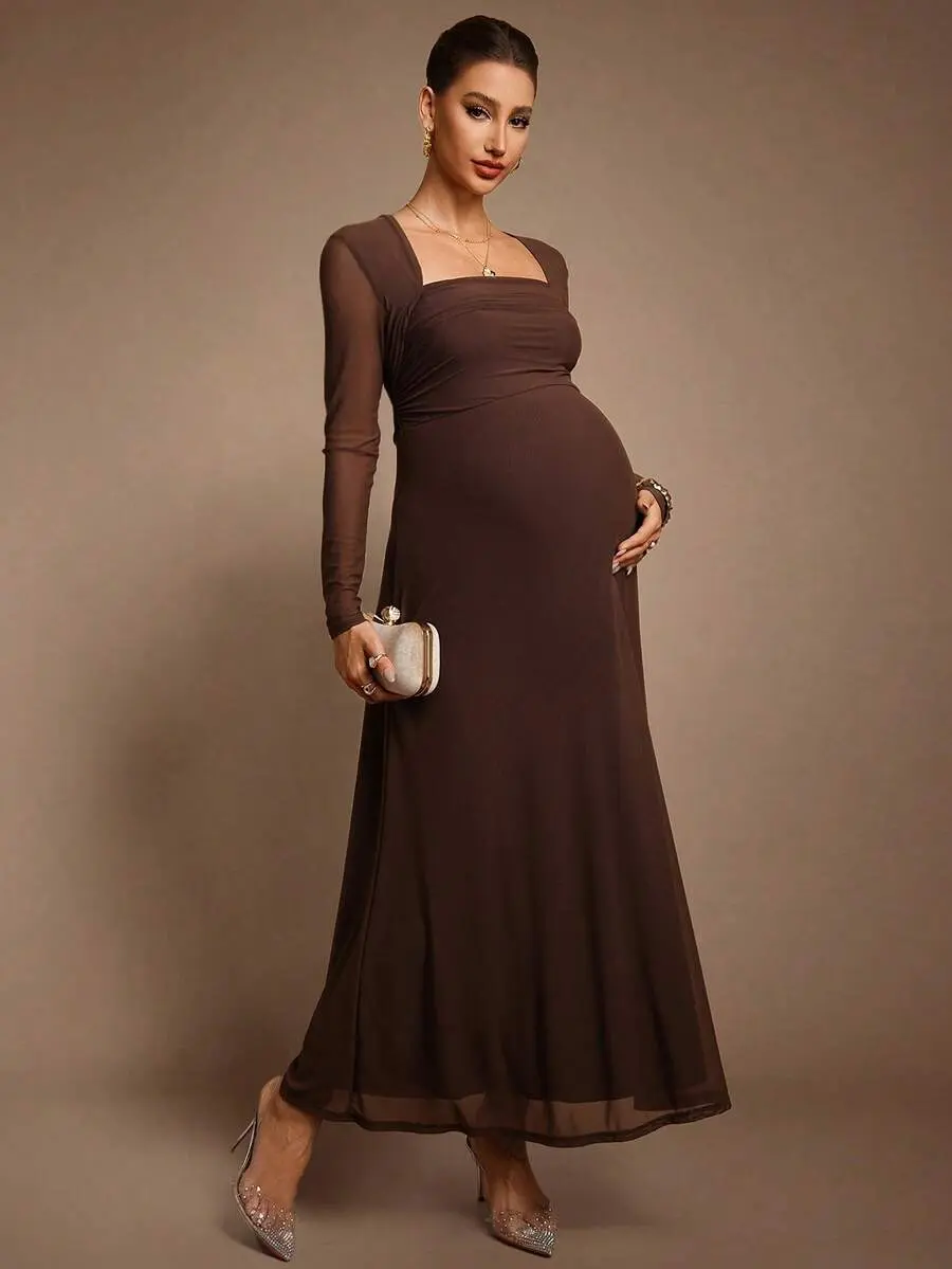 Autumn And Winter Maternity Solid Color Square Neck Regular Shoulder Long Sleeve Dress Sexy Maternity Dress Fall