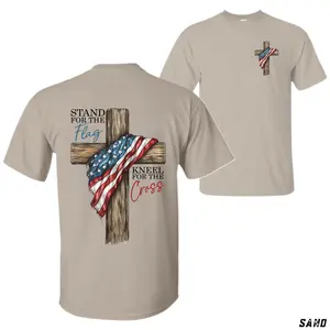 Patriotic Christian T-Shirt – “Stand for the Flag, Kneel for the Cross” with American Flag & Wooden Cross – Unisex Graphic Tee for Men and Women – Faith & Freedom Outfit, Gift Idea ️